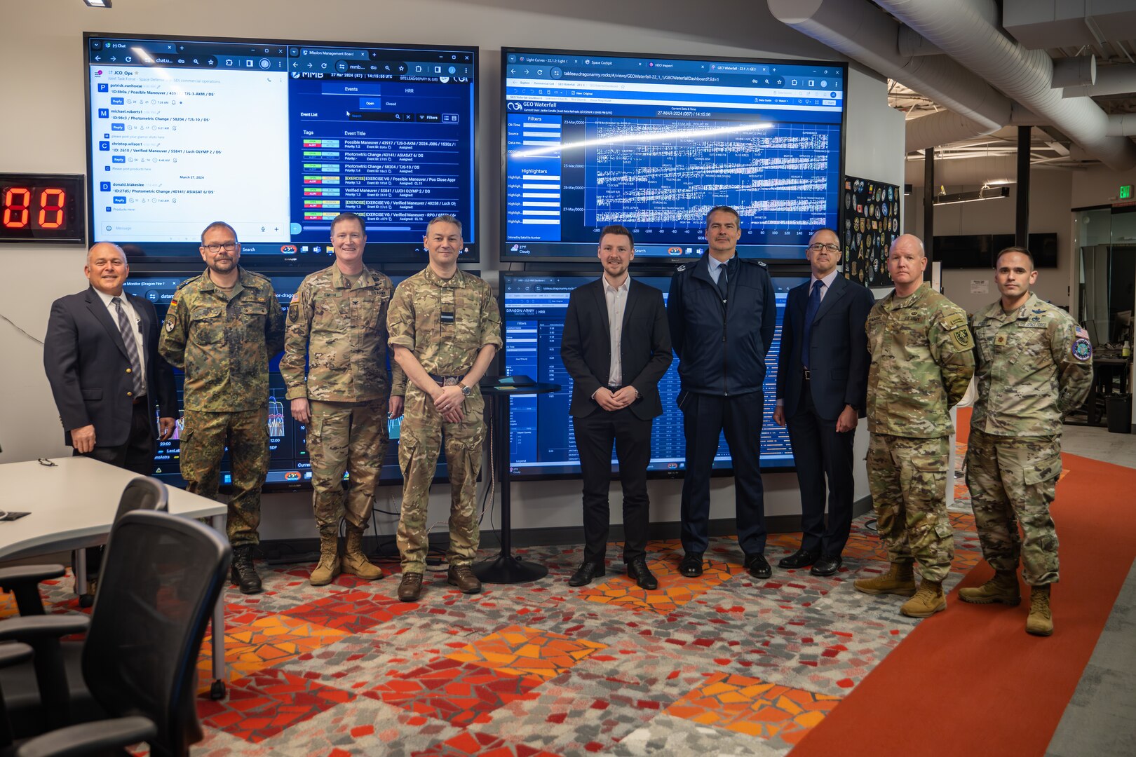 Members of the U.S. Space Command Strategic Engagements team host Mr. Kevin Leiser, German Parliament Member, at the Joint Commercial Operations cell in Colorado Springs, Colo., March 27, 2024. Leiser received a JCO mission brief to better understand the unique aspects and value of JCO operations. Leiser also received briefings on missile warning and missile defense mission sets as part of a larger visit with the U.S. Space Command plans and policy division. The JCO supports the National Space Defense Center’s core protect-and-defend mission and remain an extension of the NSDC operations floor, leveraging commercial providers to provide diverse, timely Space Domain Awareness. (U.S. Space Force photo by Dalton Prejeant)