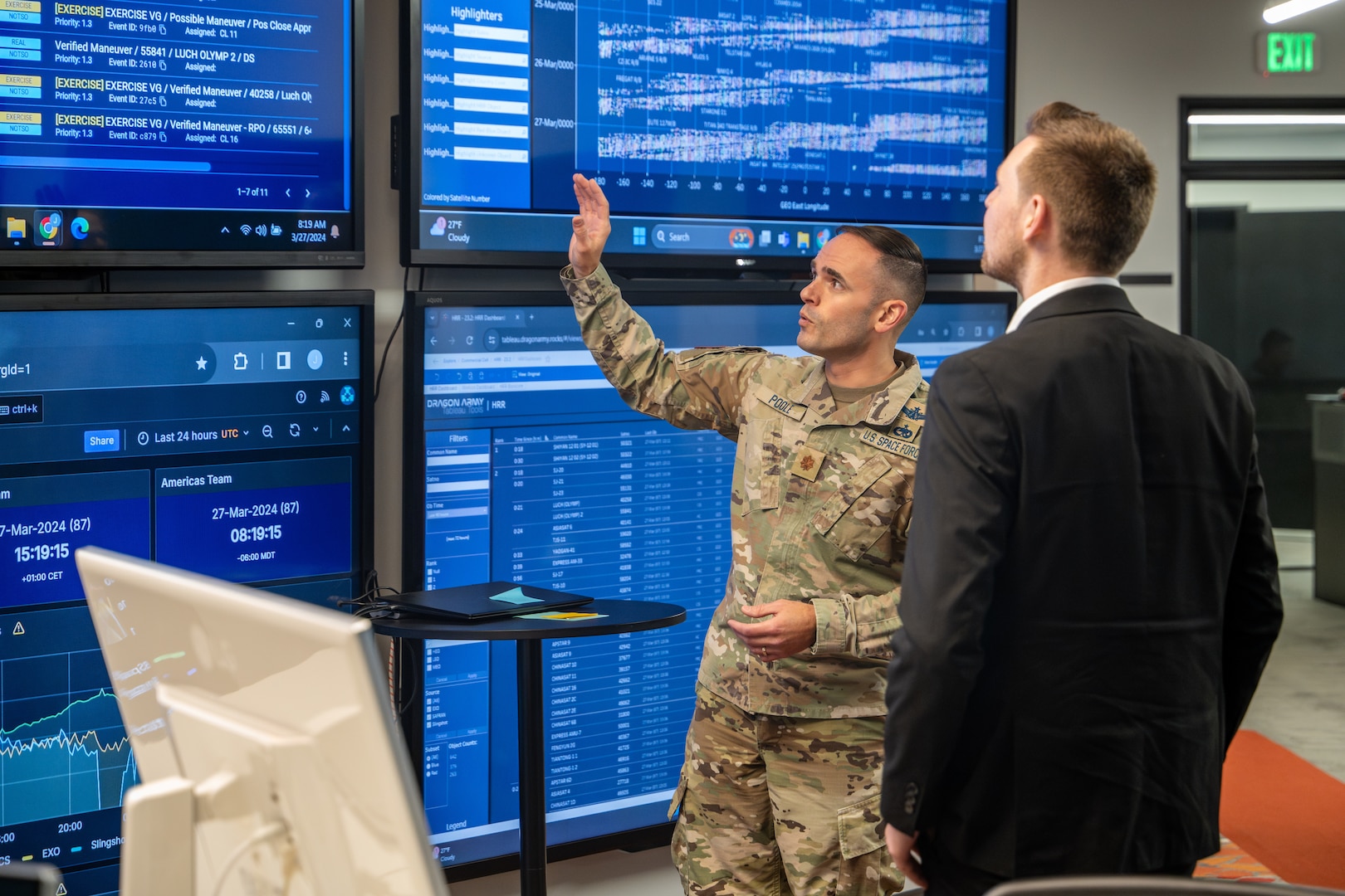 U.S. Space Force Maj. Carl Poole, Joint Commercial Operations cell site lead, briefs Mr. Kevin Leiser, German Parliament Member, during a visit to the JCO facility in Colorado Springs, Colo., March 27, 2024. Leiser received a JCO mission brief to better understand the unique aspects and value of JCO operations. Leiser also received briefings on missile warning and missile defense mission sets as part of a larger visit with the U.S. Space Command plans and policy division. The JCO supports the National Space Defense Center’s core protect-and-defend mission and remain an extension of the NSDC operations floor, leveraging commercial providers to provide diverse, timely Space Domain Awareness. (U.S. Space Force photo by Dalton Prejeant)