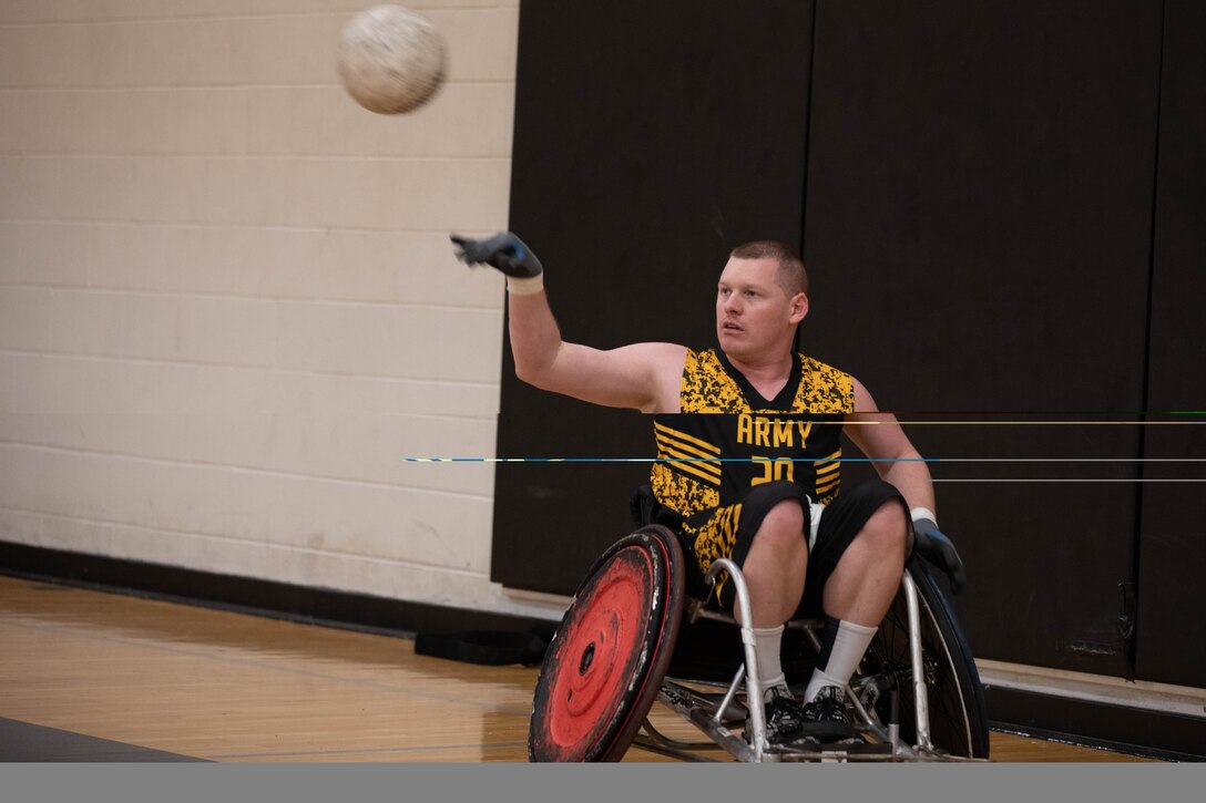 U.S. Army veteran Spc. Gerald Blakley competes in the wheelchair rugby event at the 2024 Army Trials, Fort Liberty, North Carolina
