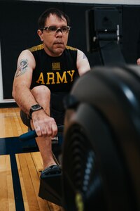 U.S. Army veteran Spc. Frank Matzke warms up prior to competing in the rowing event at the 2024 Army Trials, Fort Liberty, North Carolina