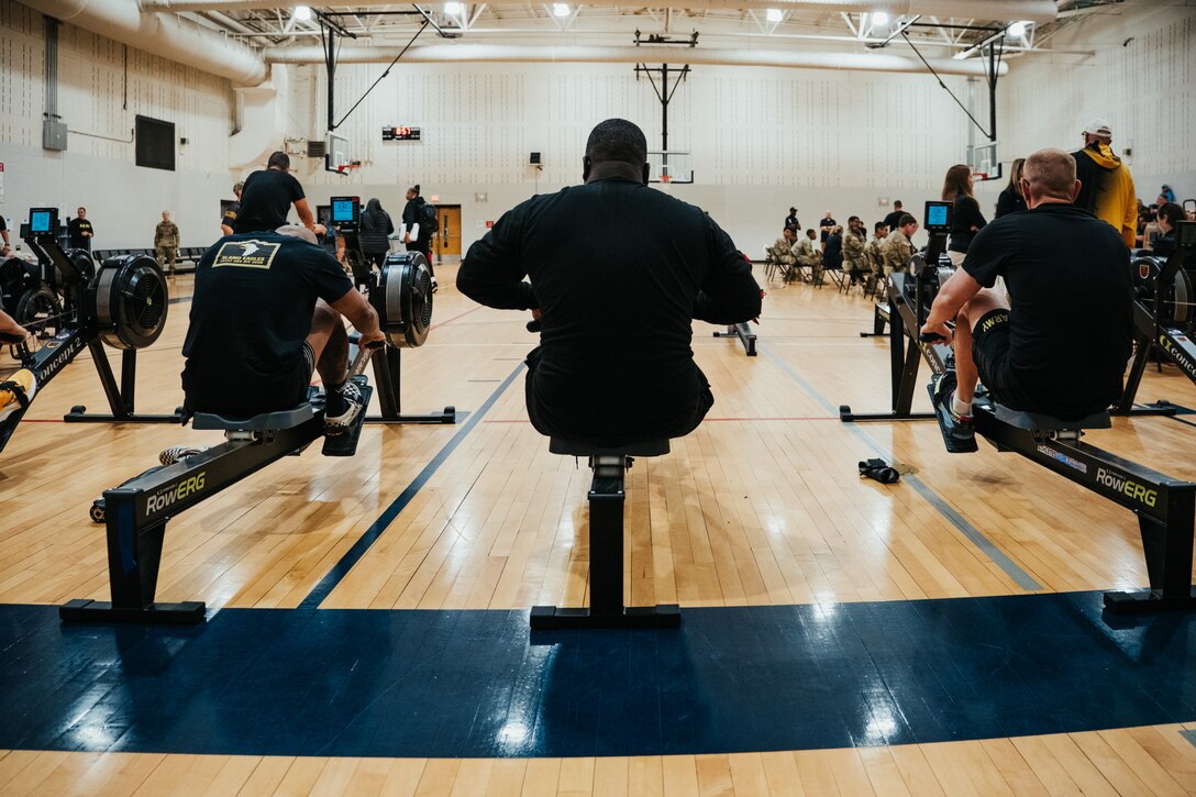 Team Army athletes warm up prior to competing in the rowing event at the 2024 Army Trials, Fort Liberty, North Carolina