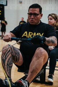 U.S. Army Cpt. David Espinoza warms up prior to competing in the rowing event at the 2024 Army Trials, Fort Liberty, North Carolina