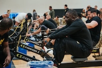 U.S. Army Master Sgt. Jeffery Davis warms up prior to competing in the rowing event at the 2024 Army Trials, Fort Liberty, North Carolina