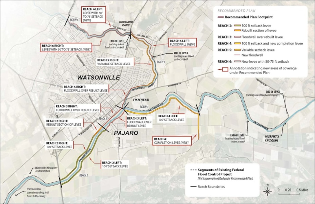 Map of Pajaro River Flood Risk Management Project with names of towns and project points along the way.