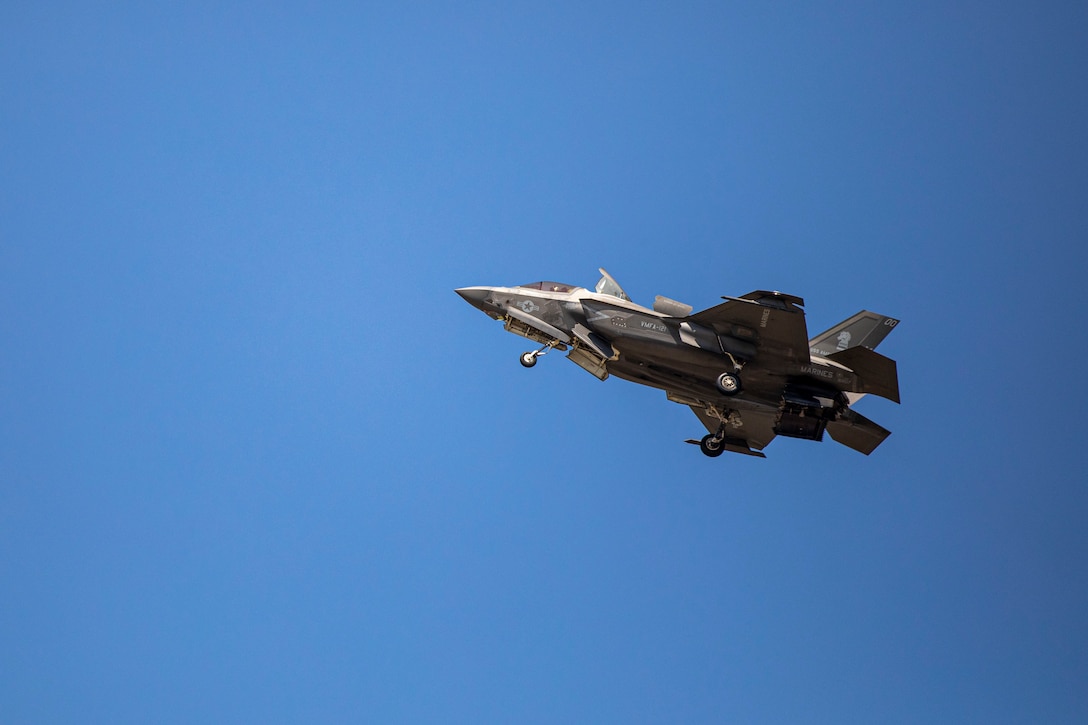 A U.S. Marine Corps F-35B Lightning II aircraft with Marine Fighter Attack Squadron (VMFA) 121 flies over Republic of Korea (ROK) Base Pohang, South Korea, April 1, 2024. The Green Knights landed at ROK Base Pohang during a series of cross-country flights to various South Korean air bases. Marines with VMFA-121, a Japan-based F-35B Lightning II squadron, traveled to South Korea for unit and joint-level training to increase combat readiness and proficiency while operating on the Korean peninsula. (U.S. Marine Corps photo by Cpl. Samantha Rodriguez)