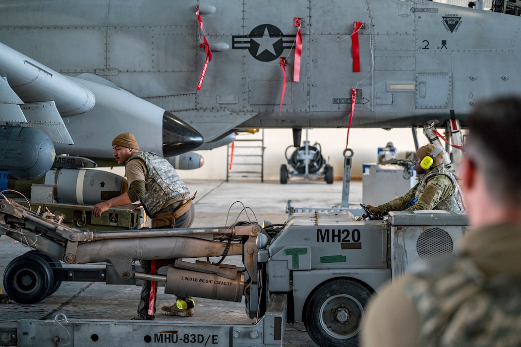 U.S. Air Force Airmen assigned to the 23rd Maintenance Group prepare to load a missile during Exercise Ready Tiger 24-1 at Avon Park Air Force Range, Florida, April 13, 2024. Highly trained weapons experts ensured rapid and safe loading of munitions onto A-10C Thunderbolt II aircraft while deployed at a contingency location. Ready Tiger 24-1 is a readiness exercise demonstrating the 23rd Wing’s ability to plan, prepare and execute operations and maintenance to project air power in contested and dispersed locations, defending the United States’ interests and allies. (U.S. Air Force photo by Airman 1st Class Leonid Soubbotine)