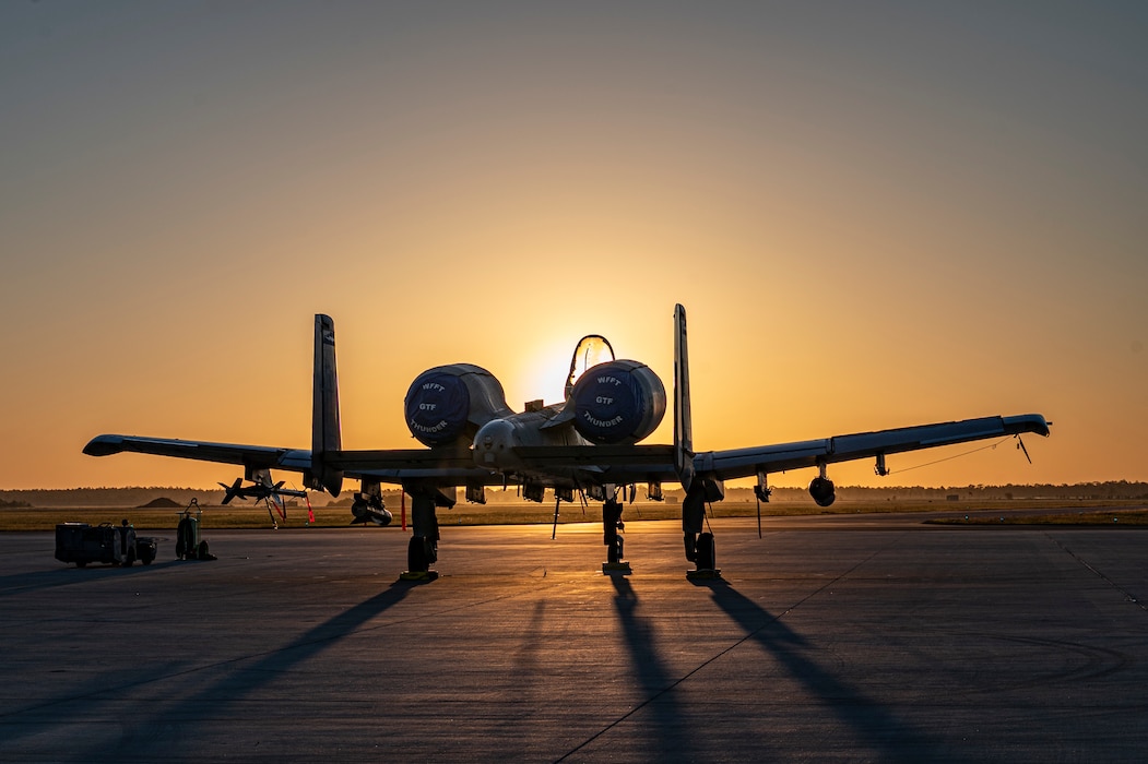 An A-10C Thunderbolt II assigned to the 74th Fighter Squadron sits on the flightline during Exercise Ready Tiger 24-1 at Avon Park Air Force Range, Florida, April 13, 2024. Moody Air Force Base Airmen deployed 12 A-10C Thunderbolt II aircraft to a simulated contingency location while practicing Agile Combat Employment concepts. Ready Tiger 24-1 is a readiness exercise demonstrating the 23rd Wing’s ability to plan, prepare and execute operations and maintenance to project air power in contested and dispersed locations, defending the United States’ interests and allies. (U.S. Air Force photo by Airman 1st Class Leonid Soubbotine)