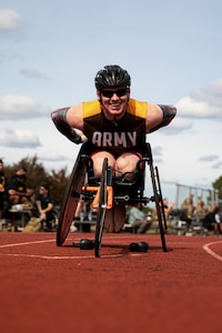 U.S. Army veteran Spc. Gerald Blakley competes in wheelchair racing during the track event at the 2024 Army Trials, Fort Liberty, North Carolina