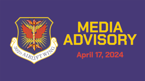 A 302nd Airlift Wing shield against a purple background with the words "Media Advisory April 17, 2024" next to it.