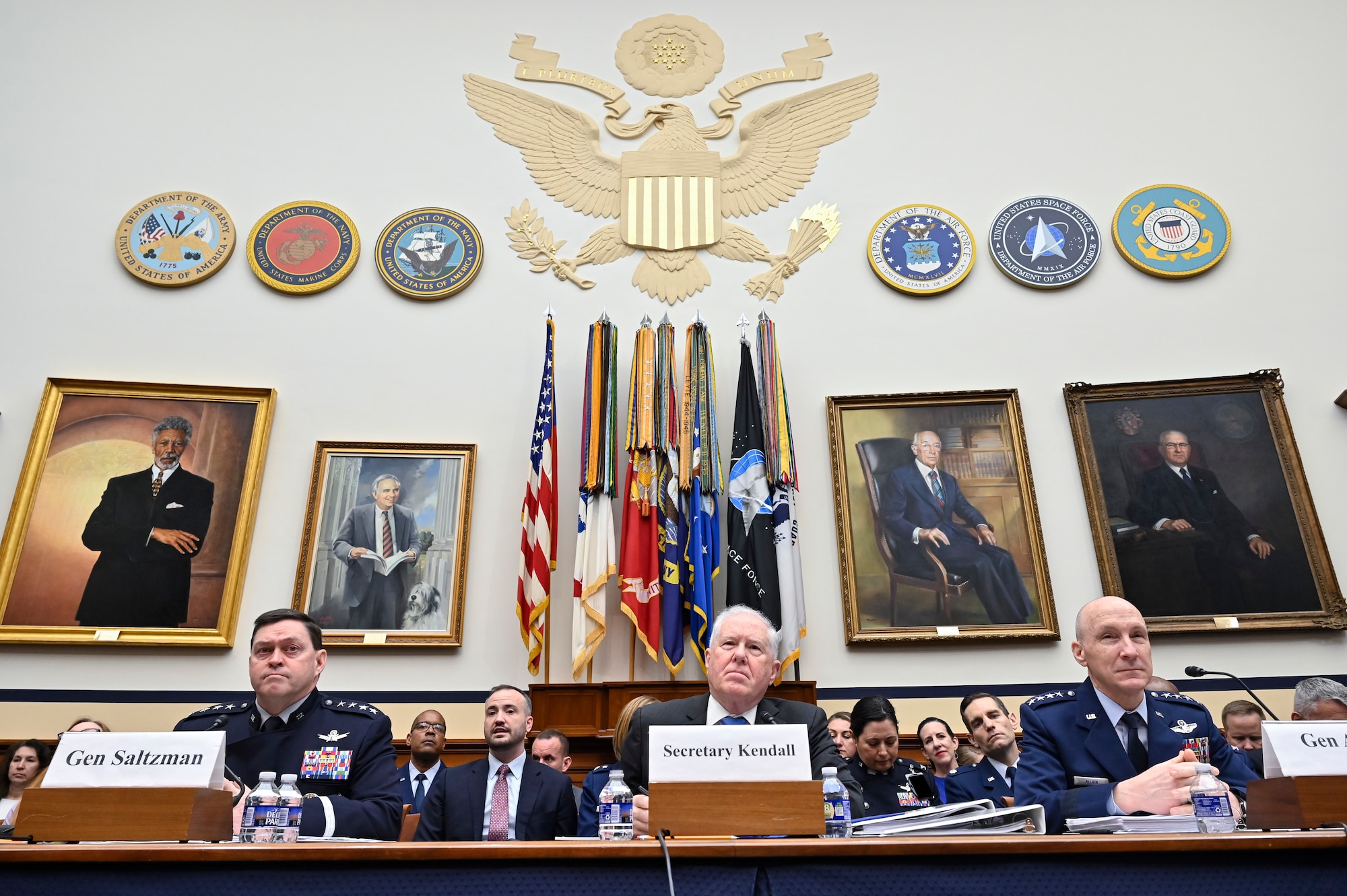 Chief of Space Operations Gen. Chance Saltzman, Secretary of the Air Force Frank Kendall and Air Force Chief of Staff Gen. David Allvin listen to opening remarks during a House Armed Services Committee hearing for the Department of the Air Force fiscal year 2025 budget request, Washington, D.C., April 17, 2024. This image has been altered to obscure security badges. (U.S. Air Force photo by Eric Dietrich)