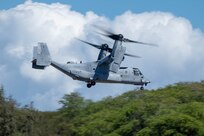 An MV-22B Osprey attached to Medium Tiltrotor Squadron (VMM) 268, Marine Aircraft Group 24, 1st Marine Aircraft Wing, departs Marine Corps Air Station Kaneohe Bay in preparation for Marine Rotational Force Darwin (MRF-D) , April 16, 2024. MRF-D is a deployment held in Australia that enhances capabilities and readiness of both of the United States Marine Corps and Australian Defense Force and continues to help strengthen the alliance between the two nations. VMM-268 will serve as the Aviation Combat Element for the upcoming iteration of MRF-D. (U.S. Marine Corps photo by Lance Cpl. Blake Gonter)