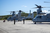 U.S. Marines with Medium Tiltrotor Squadron (VMM) 268, Marine Aircraft Group 24, 1st Marine Aircraft Wing,  prepare an MV-22B Osprey in preparation for Marine Rotational Force Darwin (MRF-D) at Marine Corps Air Station Kaneohe Bay, April 16, 2024. MRF-D is a deployment held in Australia that enhances capabilities and readiness of both of the United States Marine Corps and Australian Defense Force and continues to help strengthen the alliance between the two nations. VMM-268 will serve as the Aviation Combat Element for the upcoming iteration of MRF-D. (U.S. Marine Corps photo by Lance Cpl. Blake Gonter)