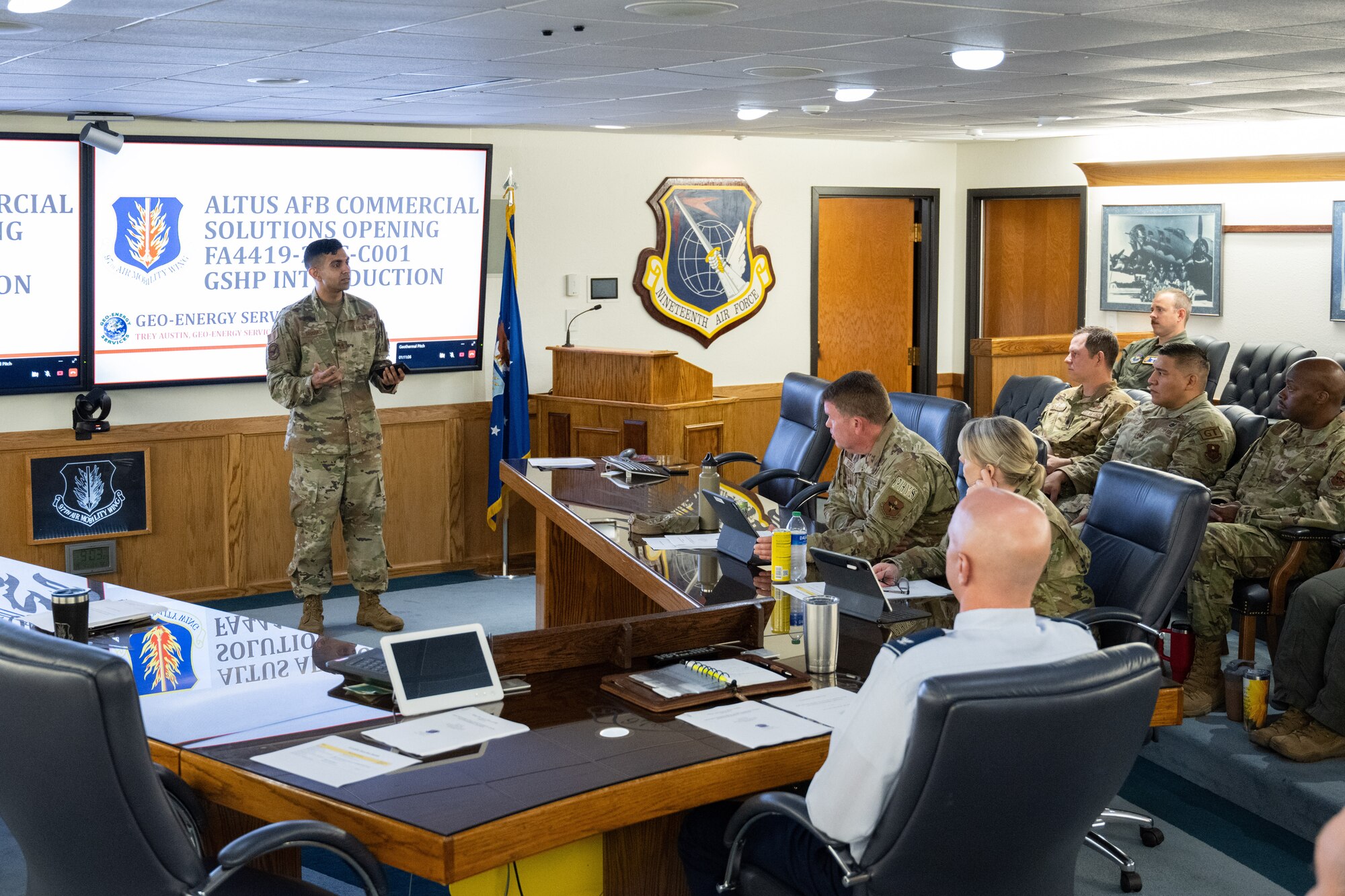 U.S. Air Force Capt. M. Husein Dharas, 97th Contracting Squadron services and constructive flights officer in charge, briefs an audience during pitch day at Altus Air Force Base, Oklahoma, April 15, 2024. The pitch day was held to give small businesses the opportunity to innovate and find solutions to problems the 97th Air Mobility Wing faces. (U.S. Air Force Photo by Airman 1st Class Jonah G. Bliss)