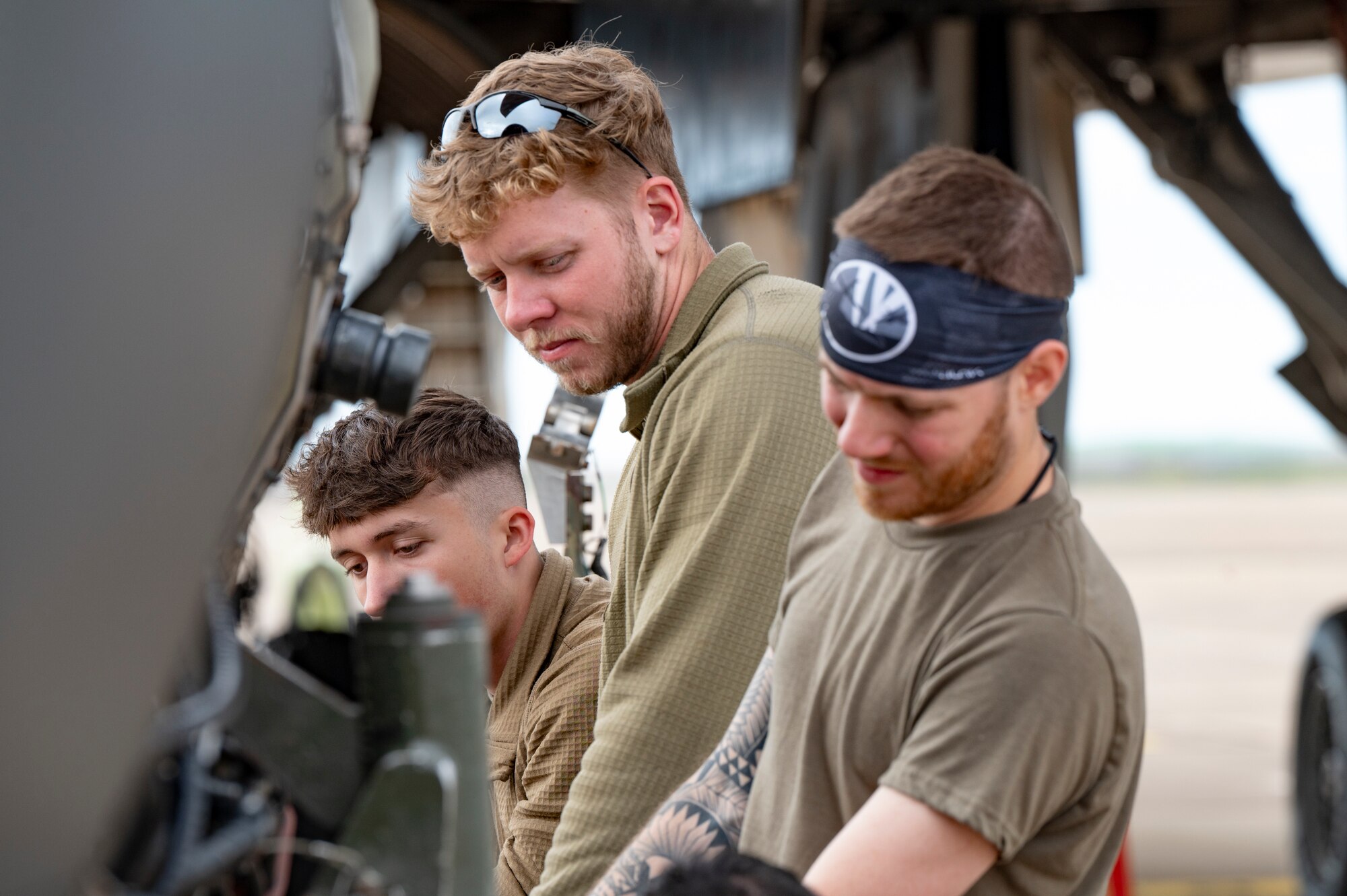Maintenance Airmen assigned to the 9th Expeditionary Bomb Squadron from Dyess Air Force Base, Texas, complete an engine swap on a B-1B Lancer at Morón Air Base, Spain, April 3, 2024, during Bomber Task Force Europe. The ability to perform heavy maintenance in a deployed environment demonstrates crews can maintain a high state of readiness and proficiency. (U.S. Air Force photo by Airman 1st Class Emma Anderson)