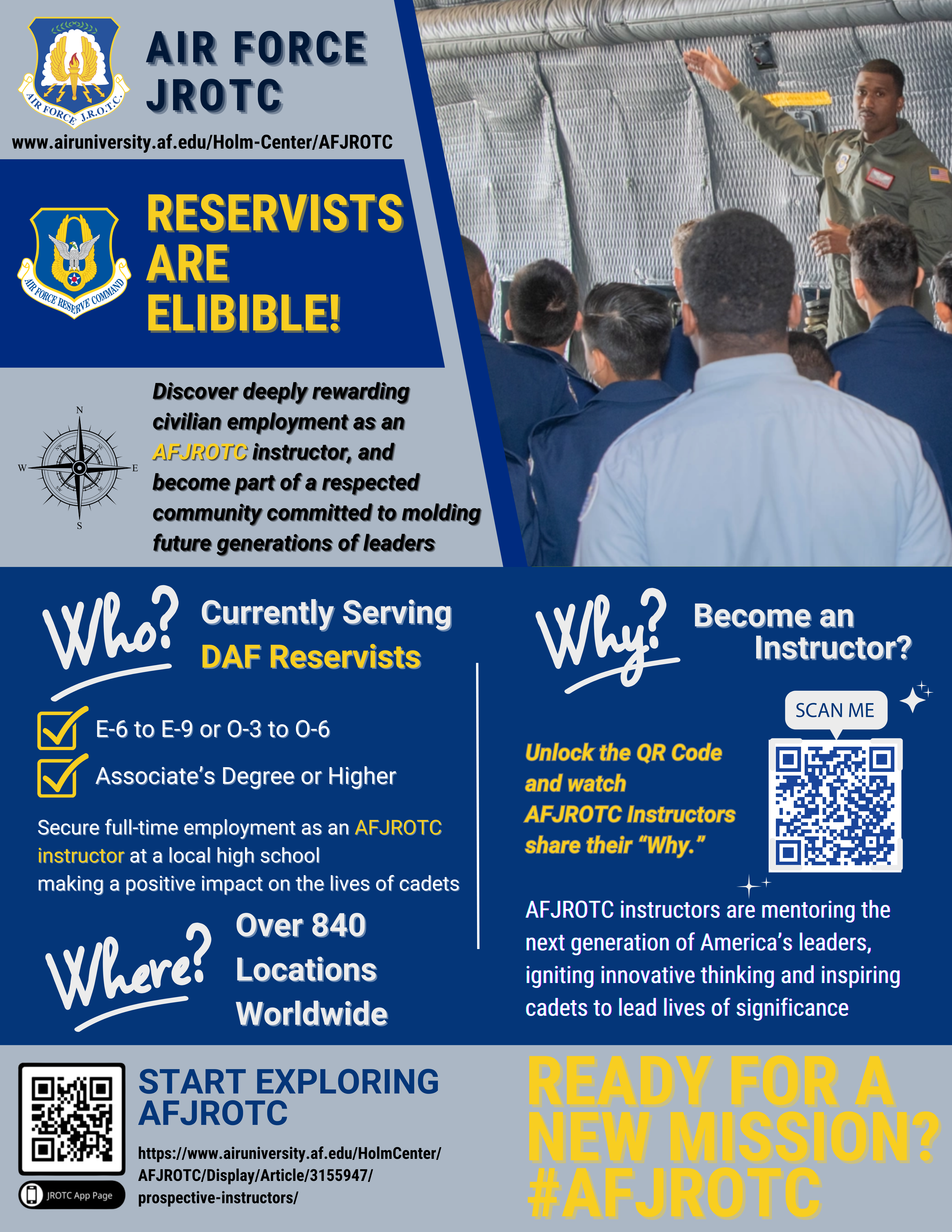Infographic provides information about Air Force Junior ROTC instructor opportunities, which are now available to currently serving Air Force Reservists.