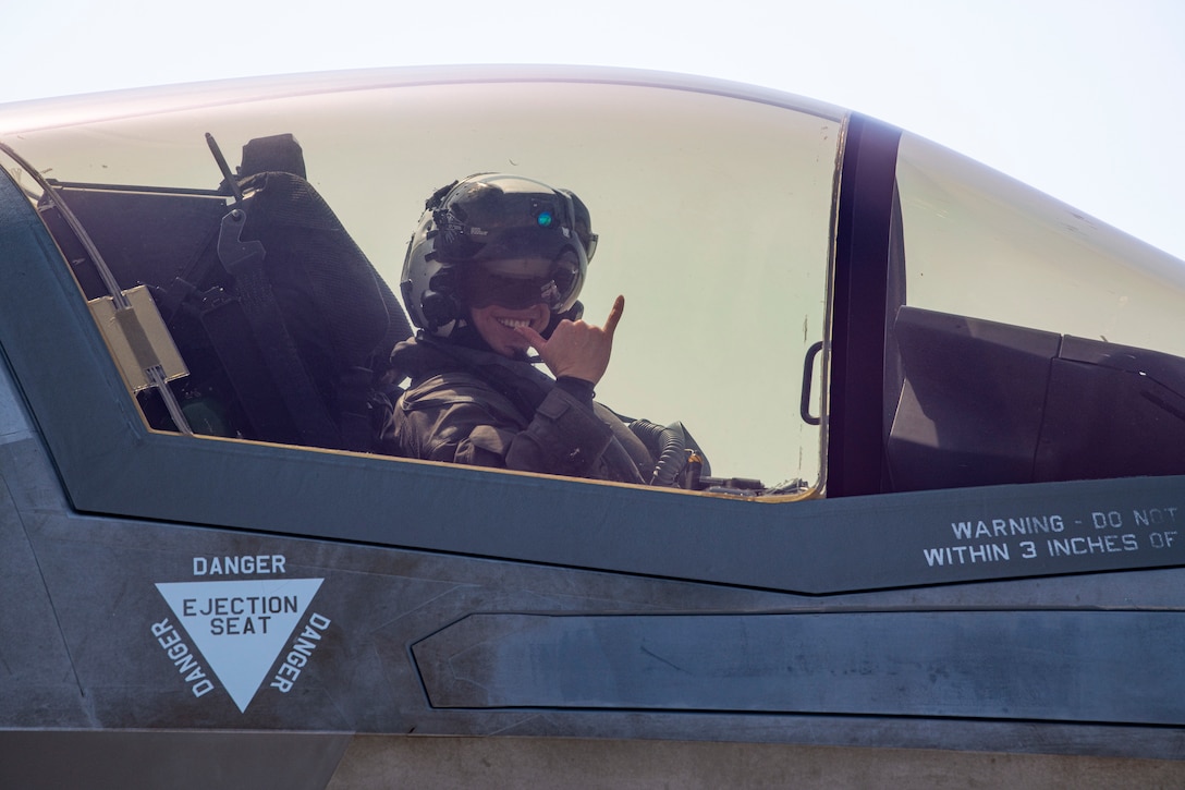 U.S. Marine Corps Maj. Anneliese Satz, a pilot with Marine Fighter Attack Squadron (VMFA) 121 and an Idaho native, taxis an F-35B Lightning II aircraft at Kunsan Air Base, South Korea, April 11, 2024. Marines with VMFA-121, a Japan-based F-35B Lightning II squadron, traveled to South Korea for unit and joint-level training to increase combat readiness and proficiency while operating on the Korean peninsula. (U.S. Marine Corps photo by Cpl. Samantha Rodriguez)