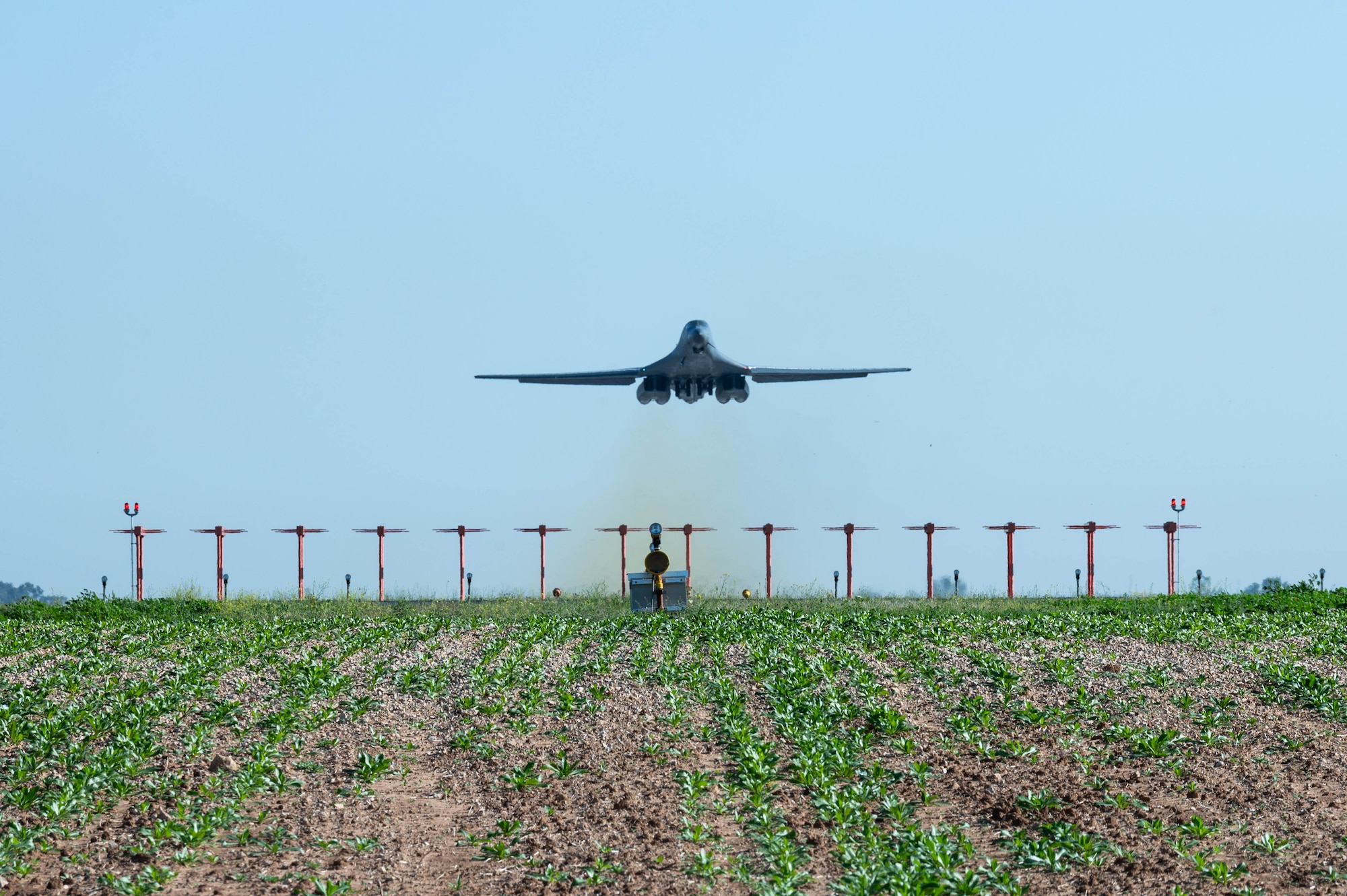 A U.S. Air Force B-1B Lancer takes off from a runway