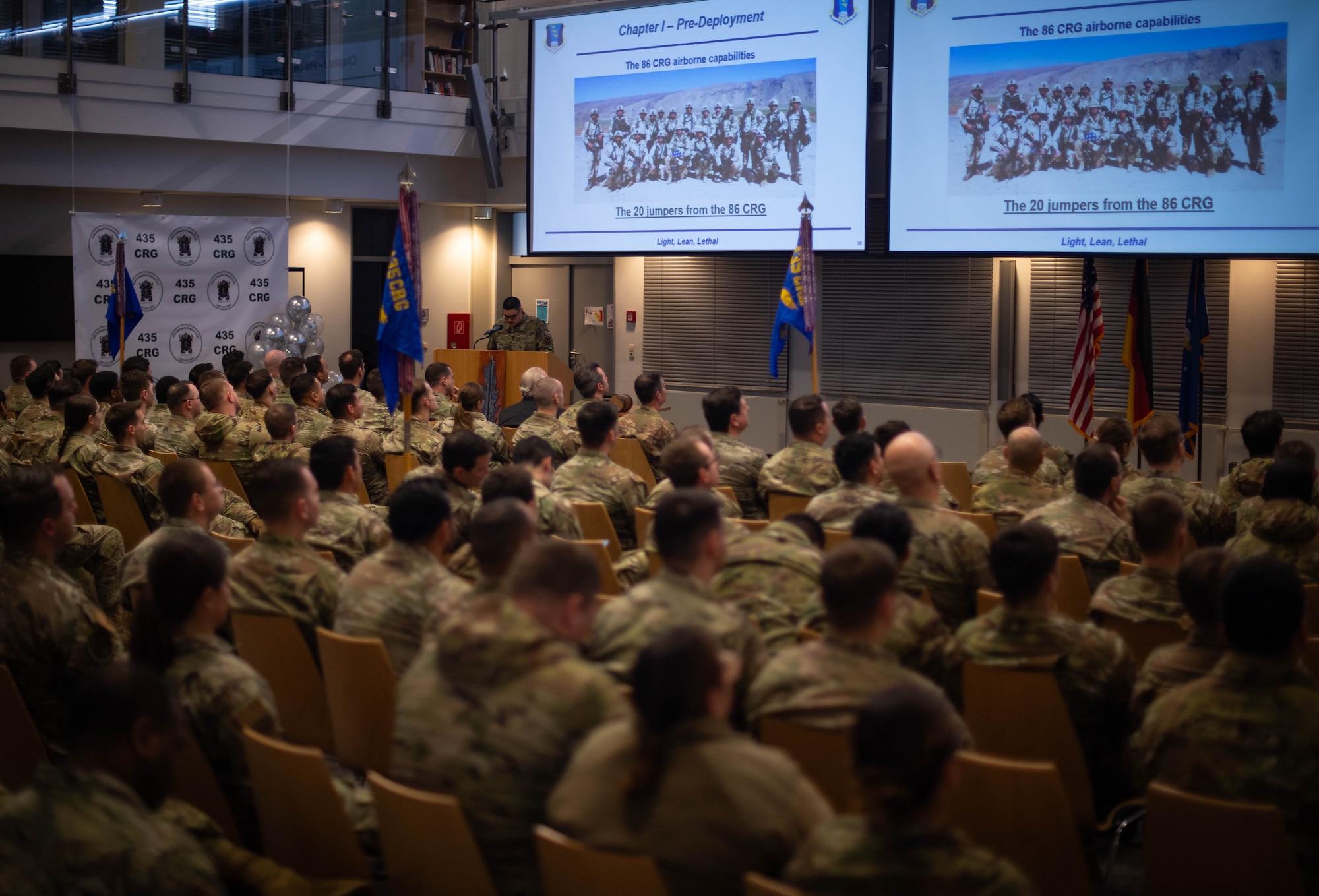 U.S. Air Force Staff Sgt. Randy Uyehara, 435th Security Forces Squadron contingency response team member, briefs Airmen assigned to the 435th Contingency Response Group on the history of the unit, at Ramstein Air Base, Germany, Feb. 26, 2024. The 435th CRG marked a significant milestone as it celebrated its 25th anniversary. (U.S. Air Force photo by Senior Airman Jared Lovett)