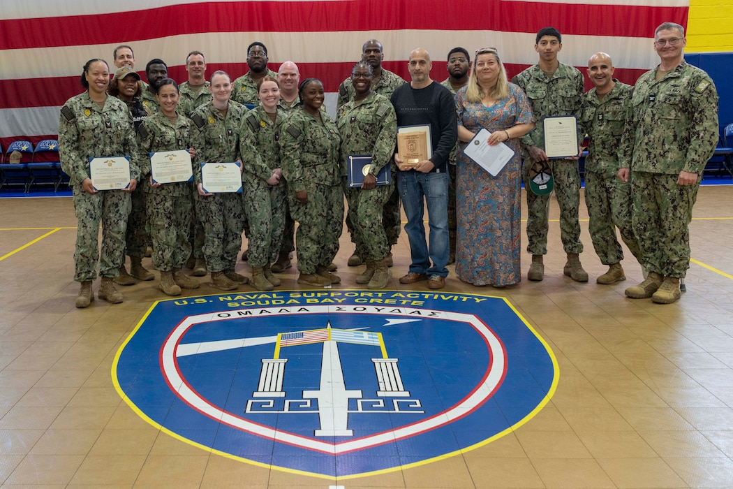 Sailors and personnel assigned to Naval Support Activity Souda Bay, Greece, receive awards and recognitions from Capt. Odin J. Klug, commanding officer, NSA Souda Bay, during an awards ceremony on April 11, 2024.