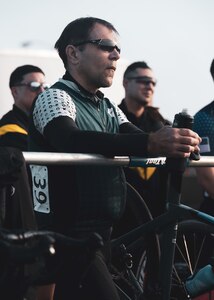 U.S. Army veteran Spc. Frank Matzke listens to a briefing during the cycling event at the 2024 Army Trials, Fort Liberty, North Carolina