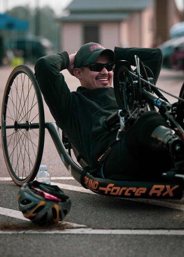 U.S. Army veteran Spc. Michael Villagran sits in his hand cycle during the cycling event at the 2024 Army Trials, Fort Liberty, North Carolina