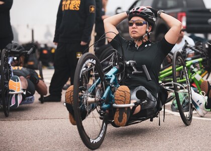 U.S. Army veteran Gabi Cha prepares for the cycling event at the 2024 Army Trials, Fort Liberty, North Carolina