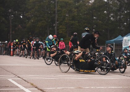 Team Army athletes prepare for course familiarization during the cycling event at the 2024 Army Trials, Fort Liberty, North Carolina
