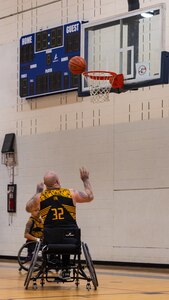 U.S. Army veteran Sgt. Brian Conwell waits for a rebound during the wheelchair basketball event at the 2024 Army Trials, Fort Liberty, North Carolina