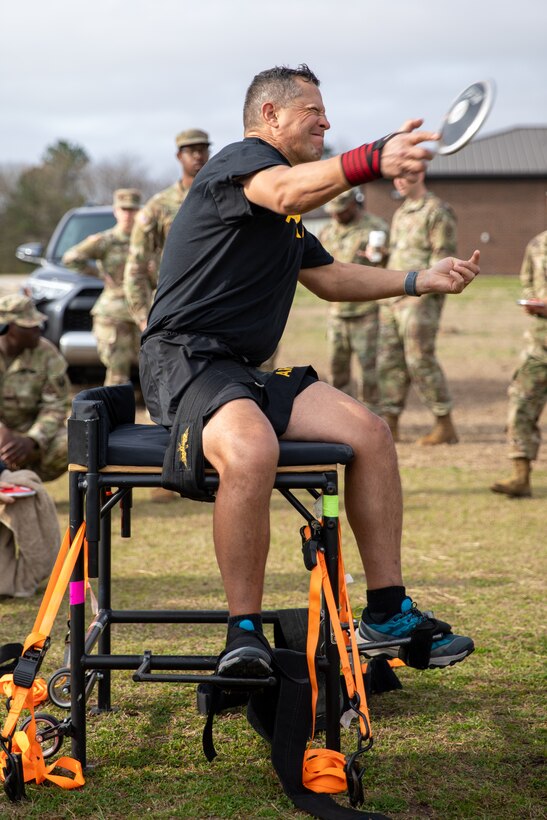 U.S. Army Lt. Col. Anthony Salazar competes in seated discus during the field event at the 2024 Army Trials, Fort Liberty, North Carolina