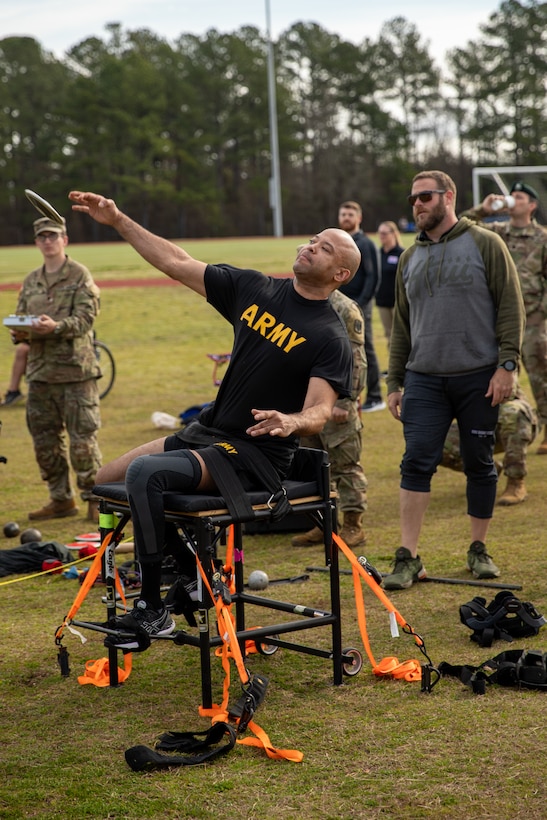 U.S. Army Staff Sgt. Abel Baez competes in seated discus during the field event at the 2024 Army Trials, Fort Liberty, North Carolina
