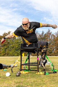 U.S. Army veteran Sgt. Brian Conwell competes in seated discus during the field event at the 2024 Army Trials, Fort Liberty, North Carolina