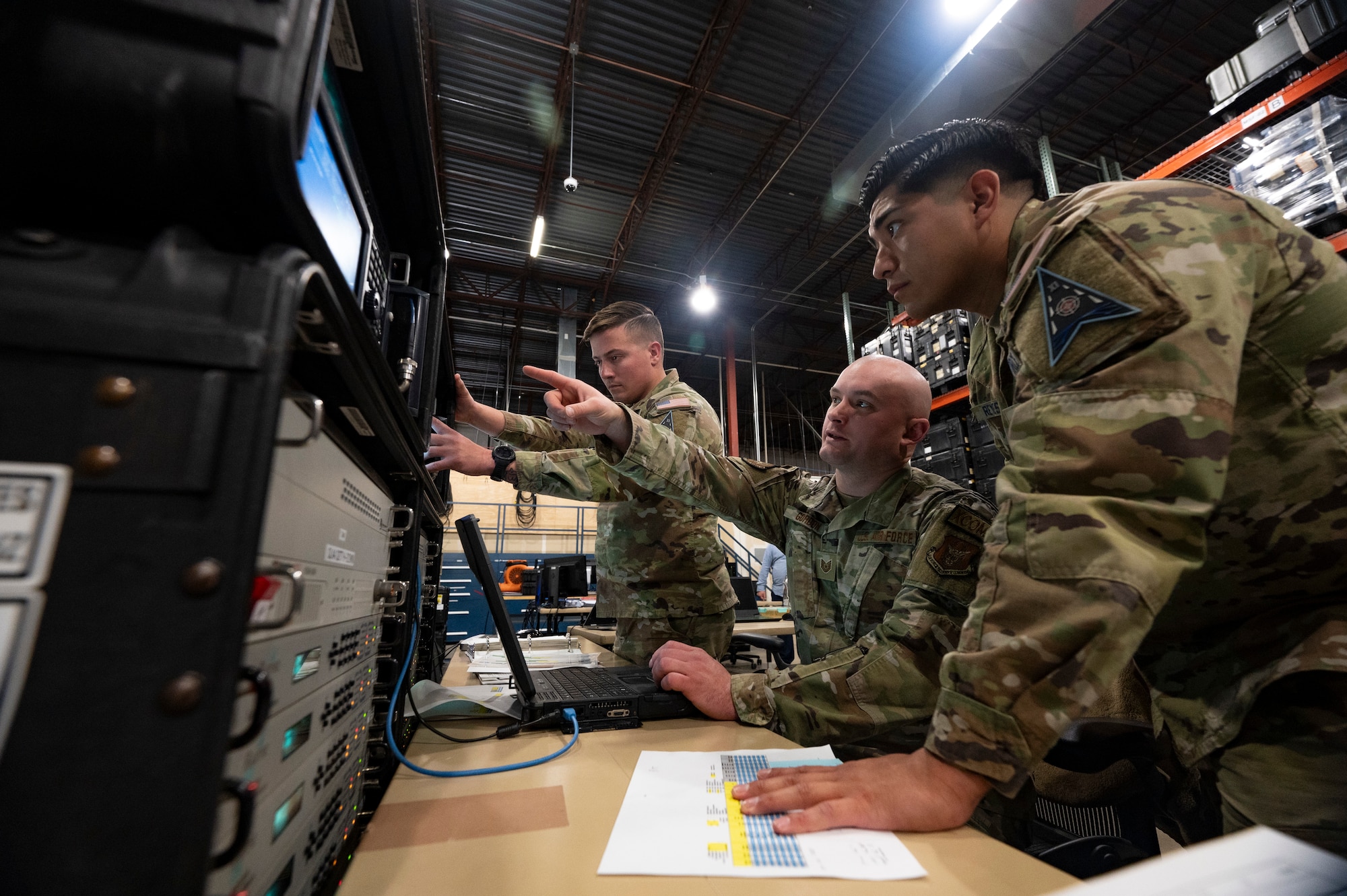 Guardians and an Airman manage the 25th Space Range Squadron’s “closed loop” range environment during a test of the Remote Modular Terminal (RMT) in Colorado Springs, Colo., April 4, 2024. Space Training and Readiness Command recently conducted a test of the RMT, a new system for the Space Rapid Capabilities Office. The RMT is a small form-factor system designed to be fielded in large numbers at low-cost and operated remotely – increasing the capacity, adaptability, and resiliency of the system while keeping Guardians out of harm’s way. (U.S. Air Force photo by Capt. Charles Rivezzo)