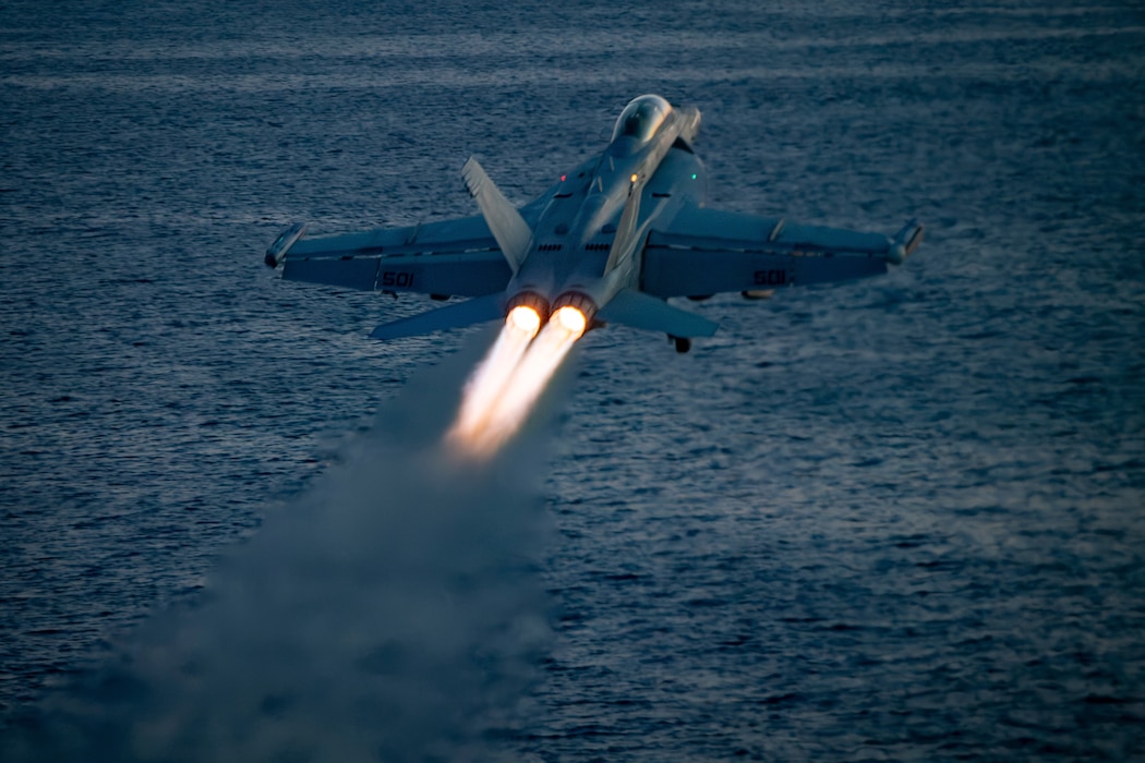 An E/A-18G Growler from VAQ-144 launches from USS Harry S. Truman (CVN 75).