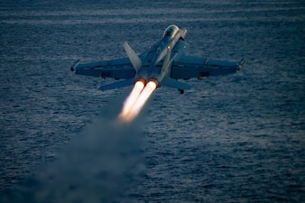 An E/A-18G Growler from VAQ-144 launches from USS Harry S. Truman (CVN 75).