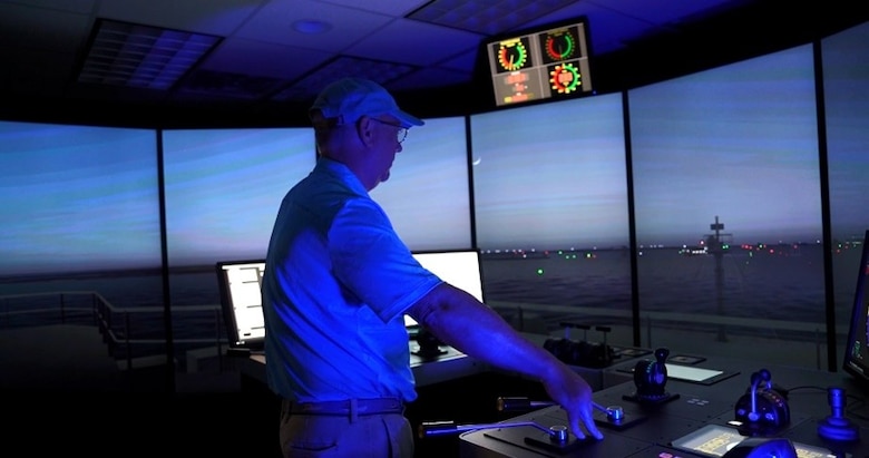 Researchers from ERDC along with the Association of Maryland Pilots run virtual simulation tests on a bypass channel around the Francis Scott Key Bridge accident site using the Ship/Tow Simulator located at ERDC’s Coastal and Hydraulics Laboratory in Vicksburg, Miss., April 12, 2024.
