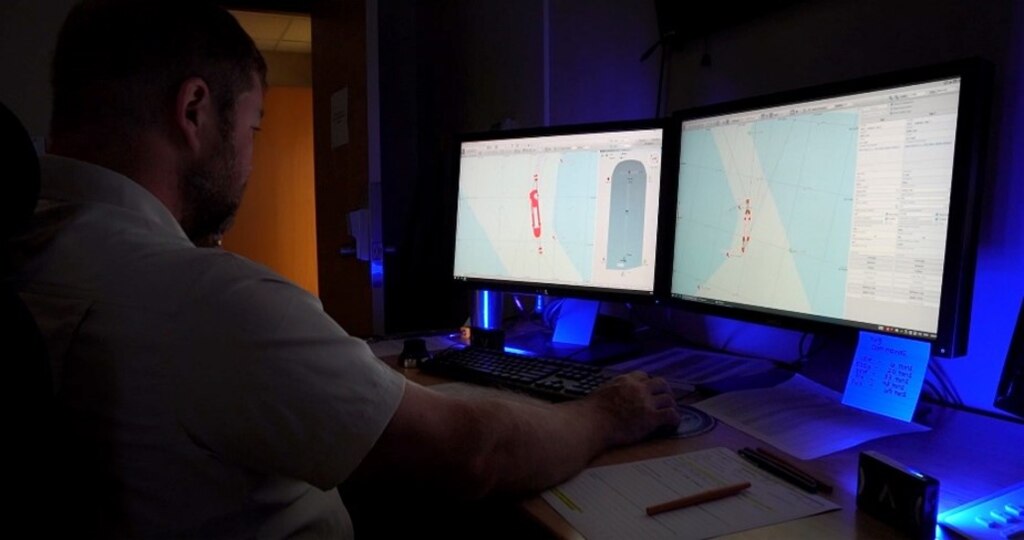 Researchers from ERDC along with the Association of Maryland Pilots run virtual simulation tests on a bypass channel around the Francis Scott Key Bridge accident site using the Ship/Tow Simulator located at ERDC’s Coastal and Hydraulics Laboratory in Vicksburg, Miss., April 12, 2024.