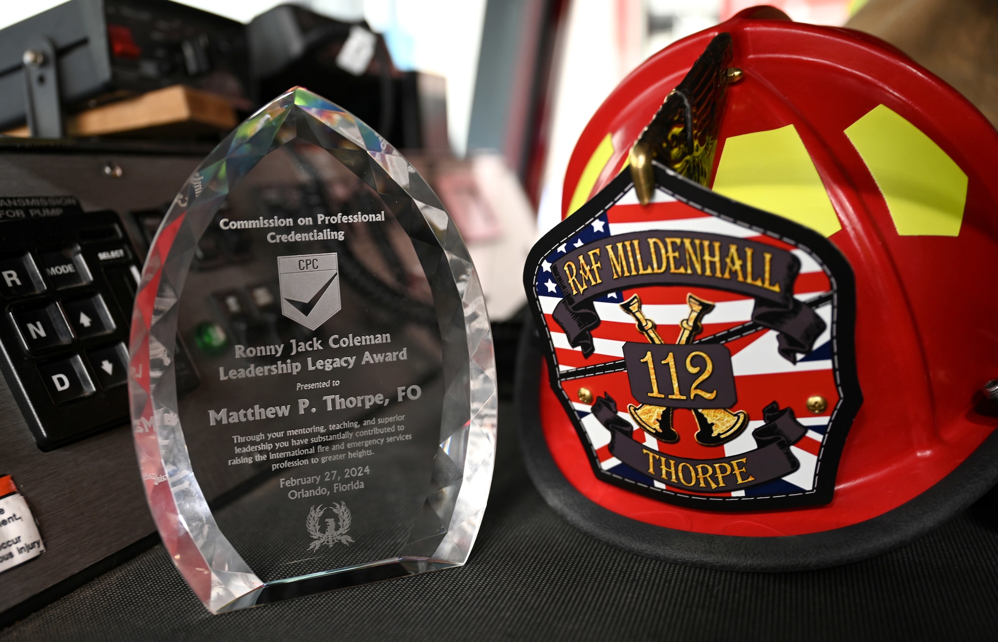 Watch Manager (Blue Watch) Matt Thorpe, 100th Civil Engineer Squadron Fire Department Fire Officer, recently won the 2024 Ronny Jack Coleman Leadership Legacy Award. Presented by the Commission on Professional Credentialing, the award recognizes superior leadership and actions that have elevated the fire and emergency service profession. Thorpe is the first British recipient – and first who is not a fire chief – to win the legacy award. (U.S. Air Force photo by Karen Abeyasekere)