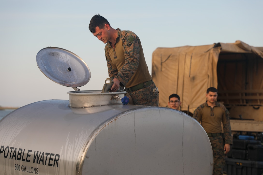 U.S. Marines with Combat Logistics Battalion 24, 24th Marine Expeditionary Unit (MEU), conduct water purification operations during Composite Unit Training Exercise (COMPTUEX) at Camp Lejeune, North Carolina, April 16, 2024. The Wasp (WSP) Amphibious Ready Group (ARG) and embarked 24th MEU are conducting COMPTUEX, their final at-sea, certification exercise under the evaluation of Carrier Strike Group 4 and Expeditionary Operations Training Group. Throughout COMPTUEX, the WSP ARG-24th MEU will be evaluated across a spectrum of scenarios that determine their readiness to deploy. (U.S. Marine Corps Photo by Cpl. Victoria Hutt)