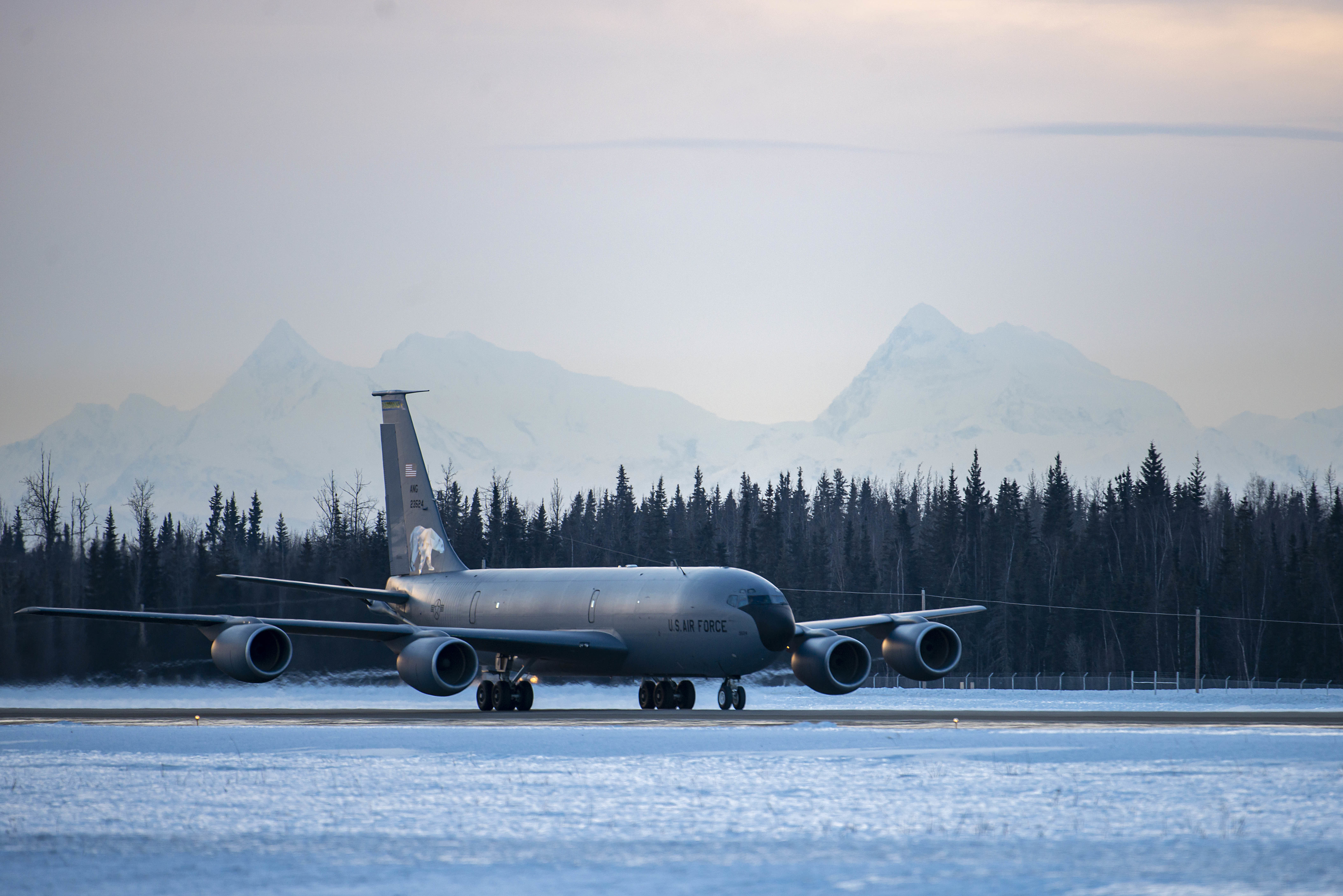 A U.S. Air Force KC-135 Stratotanker from the Alaska Air National Guard’s 168th Wing taxis on the flightline Dec. 18, 2020 at Eielson Air Force Base, Alaska. The 354th Fighter Wing and 168th Wing conducted an elephant walk, a large show-of-force, displaying the wings’ ability to mobilize its air assets quickly and efficiently amid a global pandemic. (U.S. Air Force photo by Staff Sgt. Kaylee Dubois)