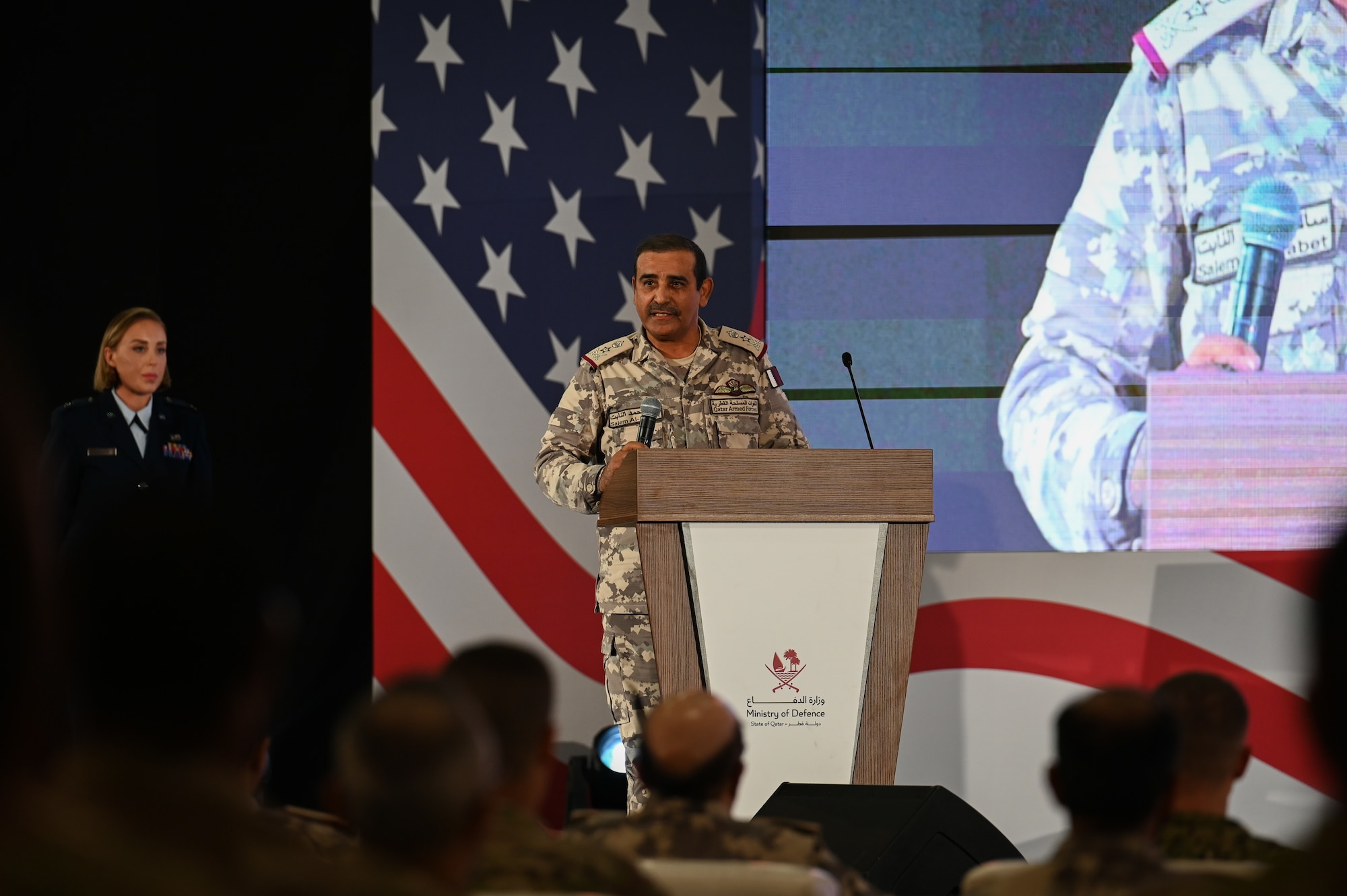 Chief of Staff of Qatar Armed Forces Lt. Gen. Salem bin Hamad bin Aqeel Al-Nabet, delivered remarks during U.S. Air Force Lt. Gen. Derek France's change of command ceremony at Al Udeid Air Base, Qatar, April 18, 2024. AFCENT, in concert with coalition, joint, and interagency partners, delivers decisive air, space and cyberspace capabilities for CENTCOM, allied nations and the U.S. (U.S. Air Force photo)
