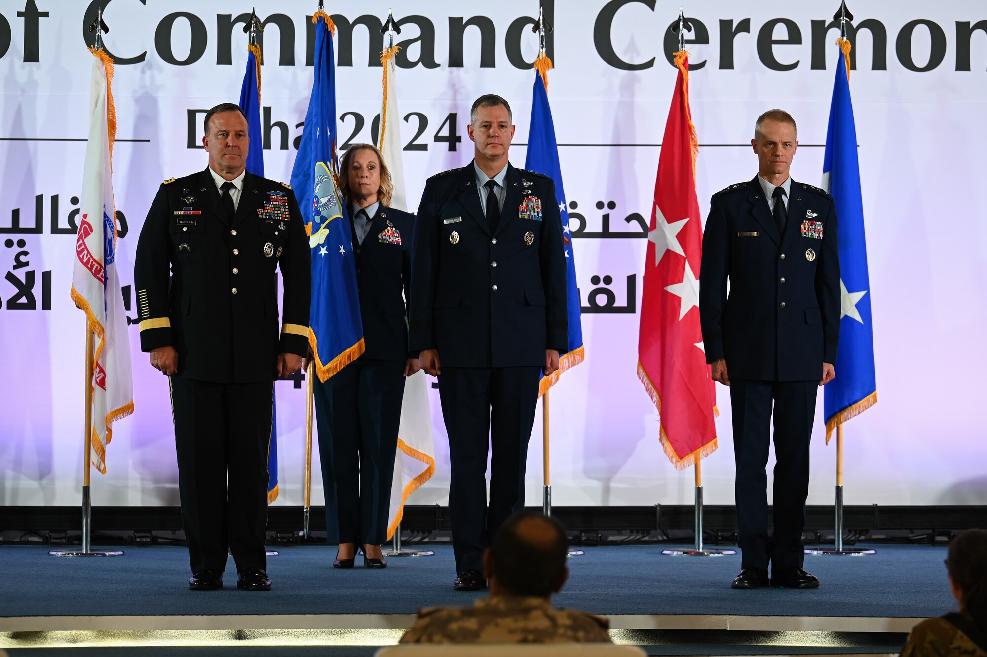 U.S. Army Gen. Michael E. Kurilla (left), U.S. Central Command commander, U.S. Air Force Lt. Gen. Alex Grynkewich (center), outgoing U.S. Air Forces Central commander, and U.S. Air Force Lt. Gen. Derek France, new commander of Ninth Air Force (Air Forces Central), stand at attention during a change of command ceremony at Al Udeid Air Base, Qatar, April 18, 2024. France will serve as the commander of AFCENT and the combined forces air component, working closely with coalition, joint, and interagency partners to lead a combined force that delivers decisive airpower and promotes security throughout the U.S. CENTCOM’s 21-nation area of responsibility. (U.S. Air Force photo)