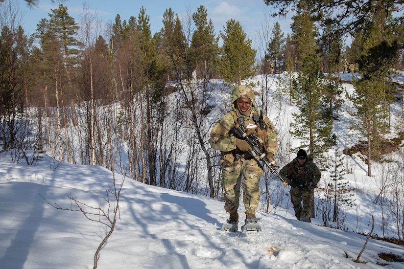 Soldiers with guns move through snow.