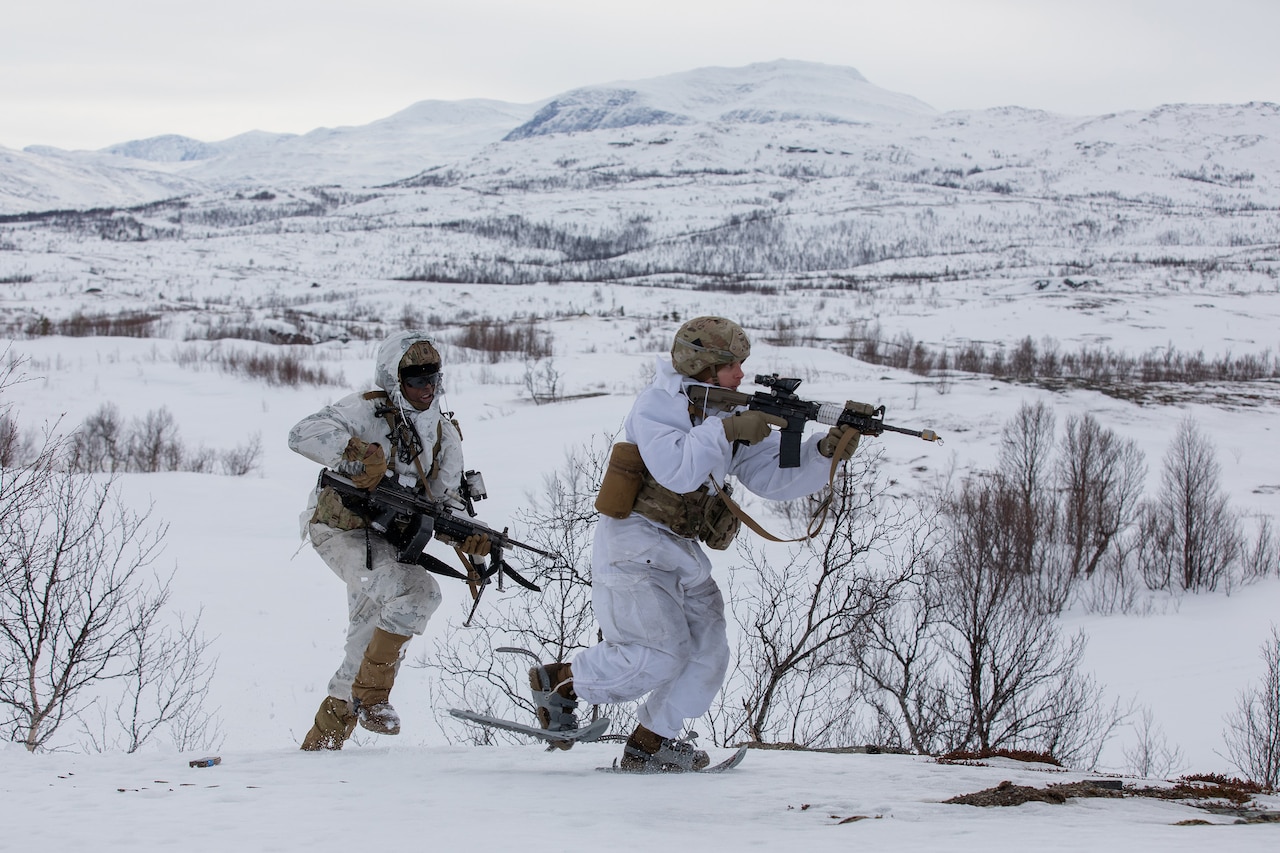 Soldiers with guns move through snow.