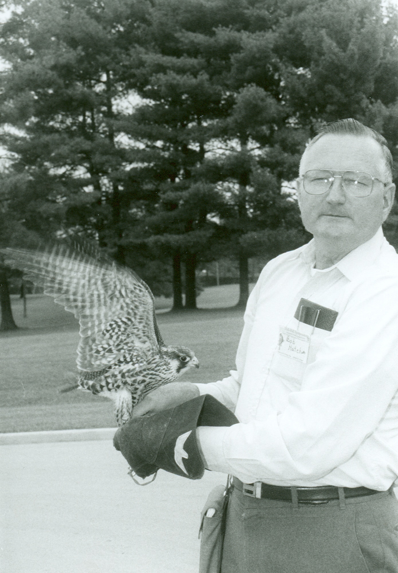 Bob Hatcher, secretary of the Tennessee Ornithological Society, prepares to release a peregrine falcon back into the wild during a symposium held at Arnold Air Force Base in fall 1992. This image and an accompanying article were featured in the Nov. 18, 1992, issue of High Mach. (U.S. Air Force photo)