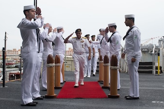USS Gerald R. Ford (CVN 78) welcomes Indian navy Rear Adm. Sandeep Mehta.
