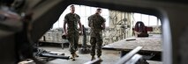 U.S. Marine Corps Gunnery Sgt. Derek M. Wolford, battery gunnery sergeant with India Battery, 3rd Battalion, 14th Marine Regiment, left, and Gunnery Sgt. Jeremy J. Toteno, battery gunnery sergeant with Golf Battery, 3rd Battalion, 14th Marine Regiment, conduct a mock inspection of hazard identification during the Ground Safety for Marines (GSM) Course on Marine Corps Base Camp Lejeune, North Carolina, April 24, 2023.