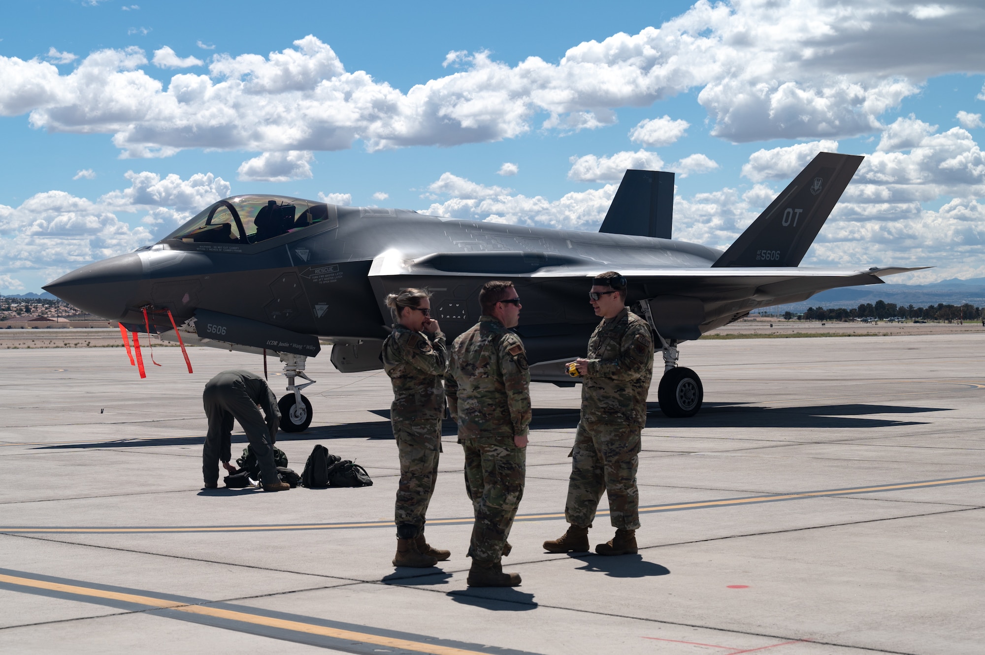 U.S. Air Force Airmen complete independent pilot off-station procedures (IPOP) for an F-35 Lightning II at Nellis Air Force Base, Nevada, April 1, 2024.