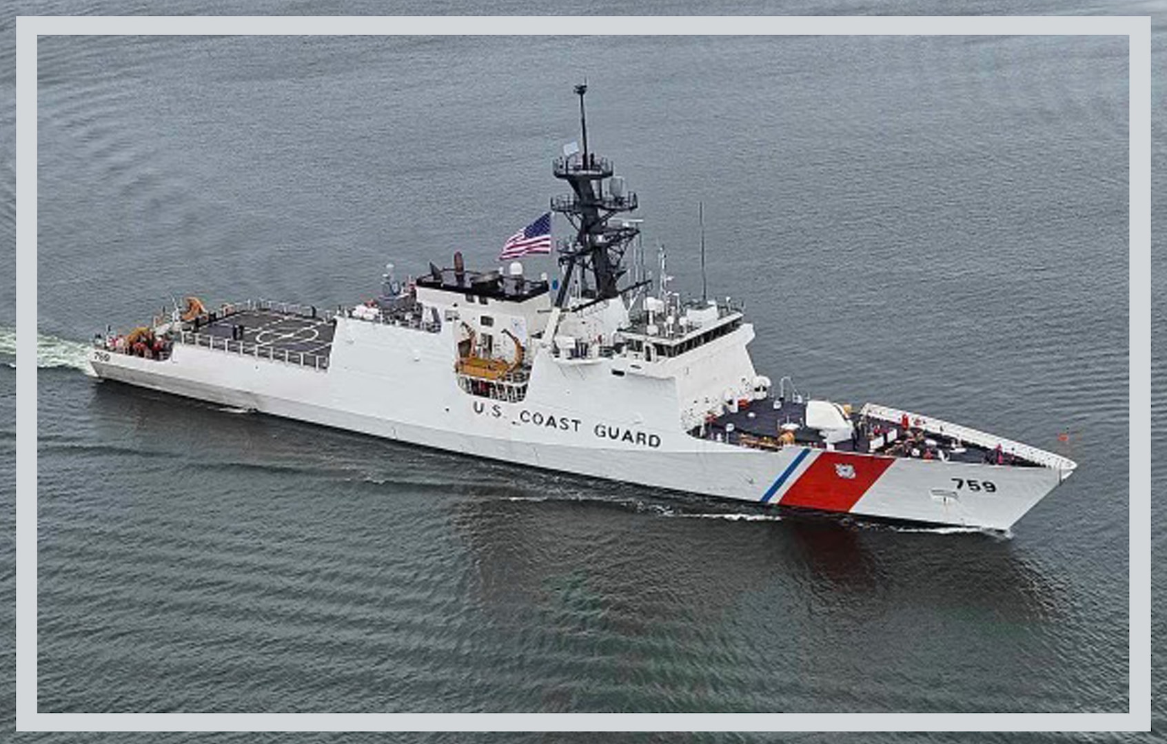 The crew of the U.S. Coast Guard Cutter Calhoun (WMSL 759) en route to their homeport in North Charleston, Dec. 3, 2023, after delivery from Ingalls Shipbuilding and supporting missions throughout the Coast Guard’s Seventh and Eighth districts. Calhoun is named to honor the first Master Chief Petty Officer of the Coast Guard, Charles L. Calhoun, who was from Ocean City, Maryland. (U.S. Coast Guard photo courtesy of Coast Guard Air Station Savannah)
