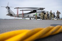 U.S. Navy Sailors assigned to the “Griffins” of Helicopter Maritime Strike Squadron (HSM 79) inspect a MH-60R Sea Hawk during a Strategic Interoperability Framework (SIF) testing, aboard the flight deck of French Navy amphibious assault ship LHD Dixmude (L9015), Apr. 16, 2024. SIF is a living, scalable plan aimed at ensuring high-end warfighting interoperability exists between the U.S. Navy and the Marine Nationale.