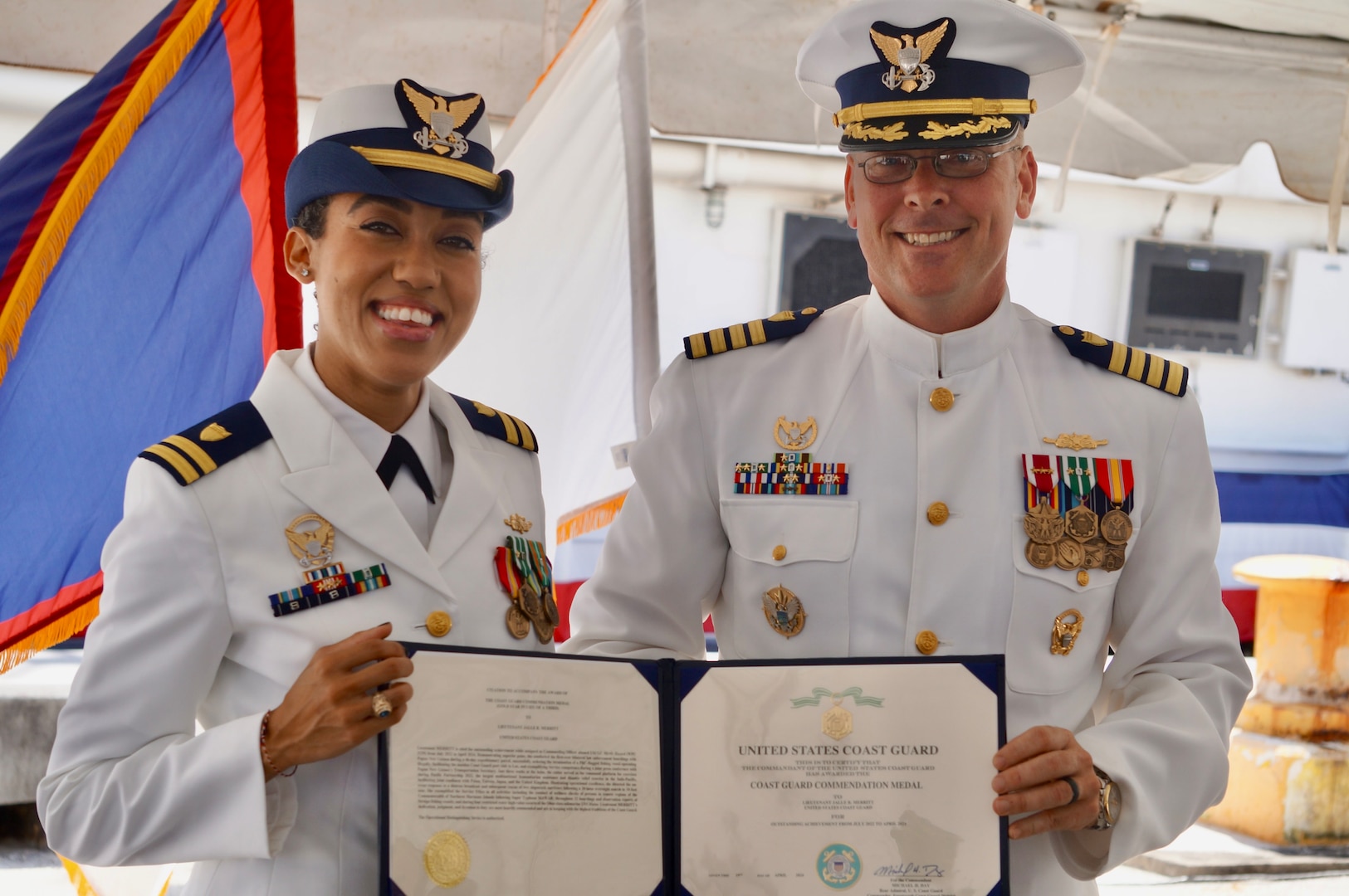 Lt. Emma Saunders takes command of USCGC Myrtle Hazard (WPC 1139) from Lt. Jalle Merritt in a change of command ceremony at Victor Pier in Apra Harbor, Guam, on April 19, 2024. After two years as commanding officer, Merritt leaves Guam to join the vice commandant's staff as military aide. (U.S. Coast Guard photo by Chief Warrant Officer Sara Muir)